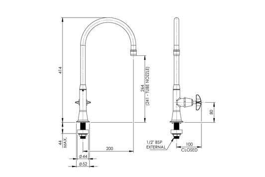 Type 16C7 Laboratory Stop Tap 200mm Swivel and Fixed Outlet Anti Vandal Aerator/ Tube Nozzle - School Pattern Handle - Quarter-Turn Ceramic Disc
