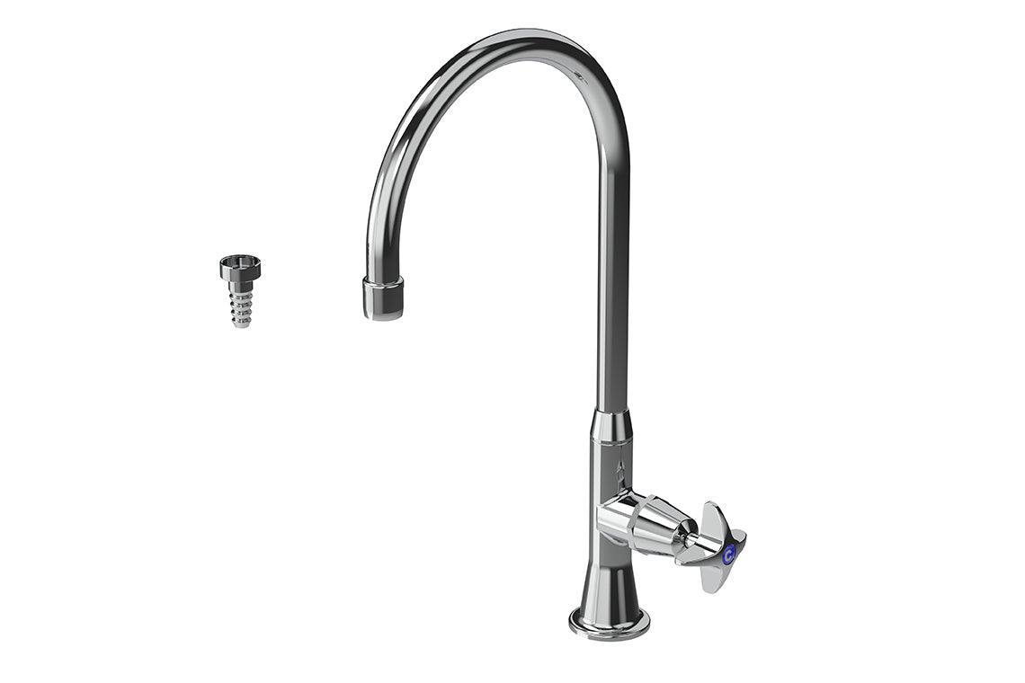 Type 16C7 Laboratory Stop Tap 200mm Swivel and Fixed Outlet Anti Vandal Aerator/ Tube Nozzle - School Pattern Handle - Quarter-Turn Ceramic Disc