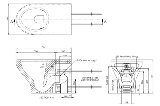 Restore Secure Anti-Ligature Solid Surface Wall Faced Pan 700mm