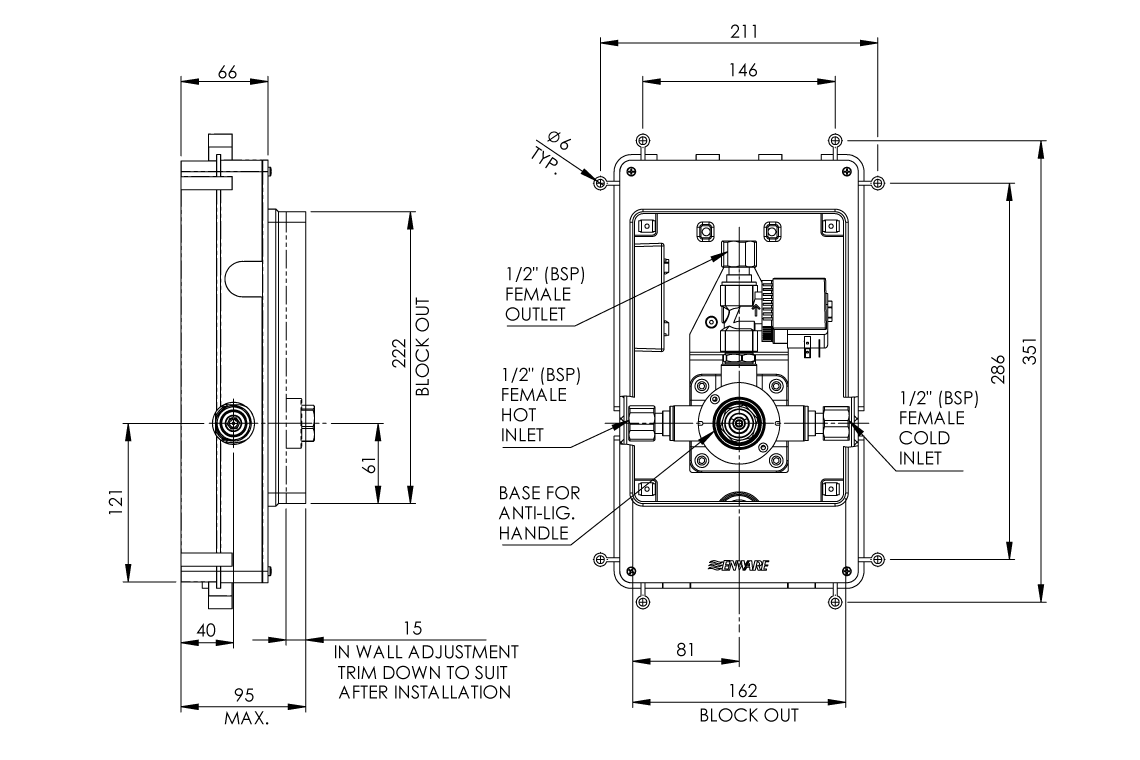 Restore Mental Health Wall Mixer with Piezo Touch Time Flow - Back-of-Wall Assembly