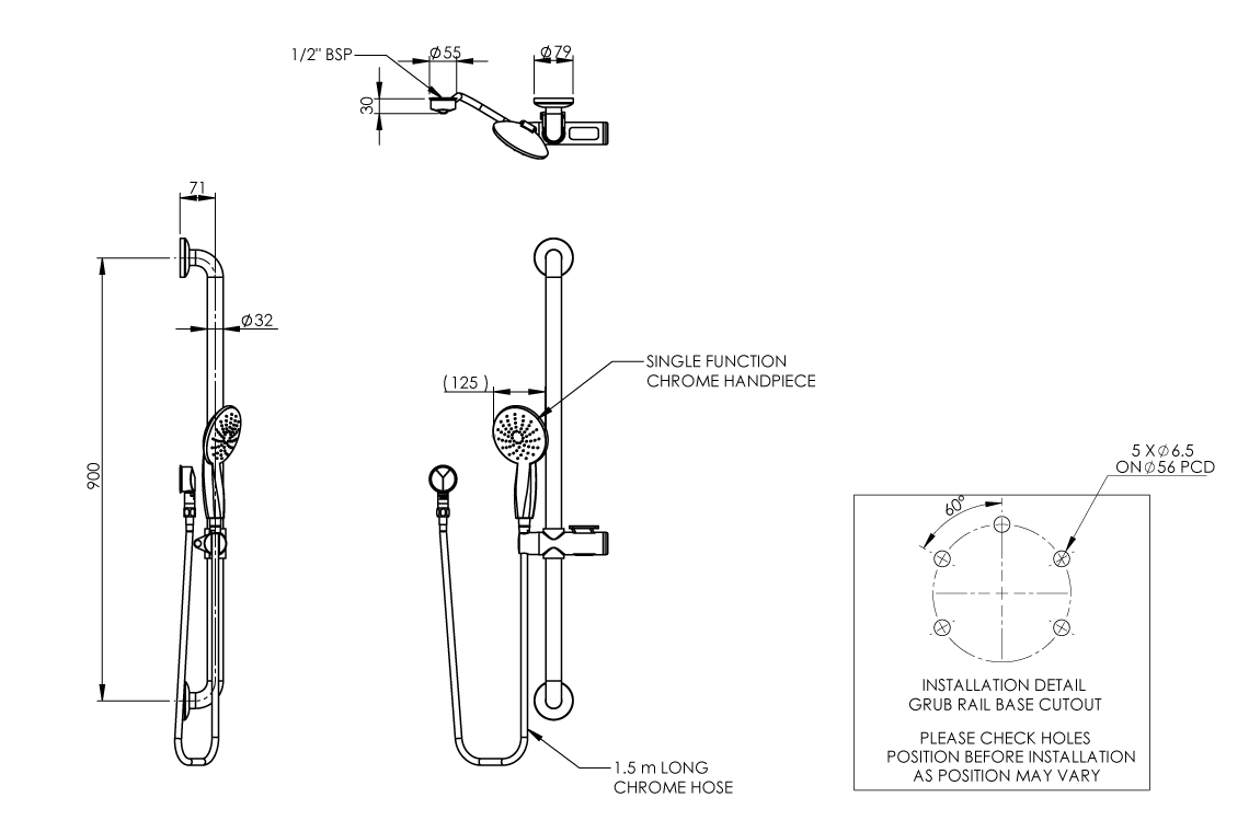 Elbow/Adjustable Shower Head Holder - Chrome