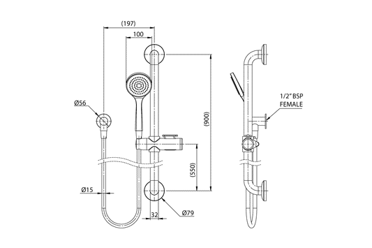 Chrome 4 Star Hand Held Shower - Smooth Hose - 900mm Stainless Steel Grab Rail