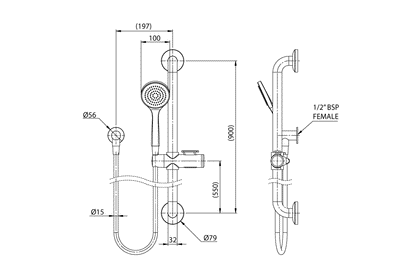 Chrome Hand Held Shower - Smooth Hose - 900mm Stainless Steel Grab Rail