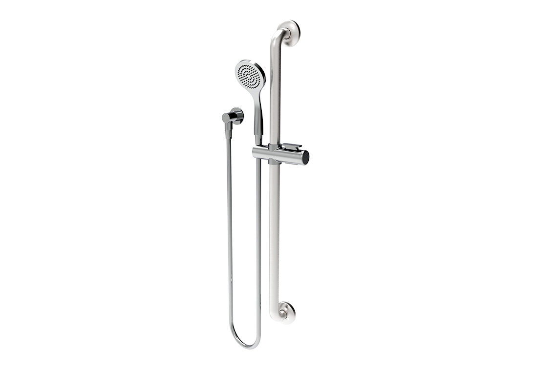 Chrome Hand Held Shower - Smooth Hose - 900mm Stainless Steel Grab Rail