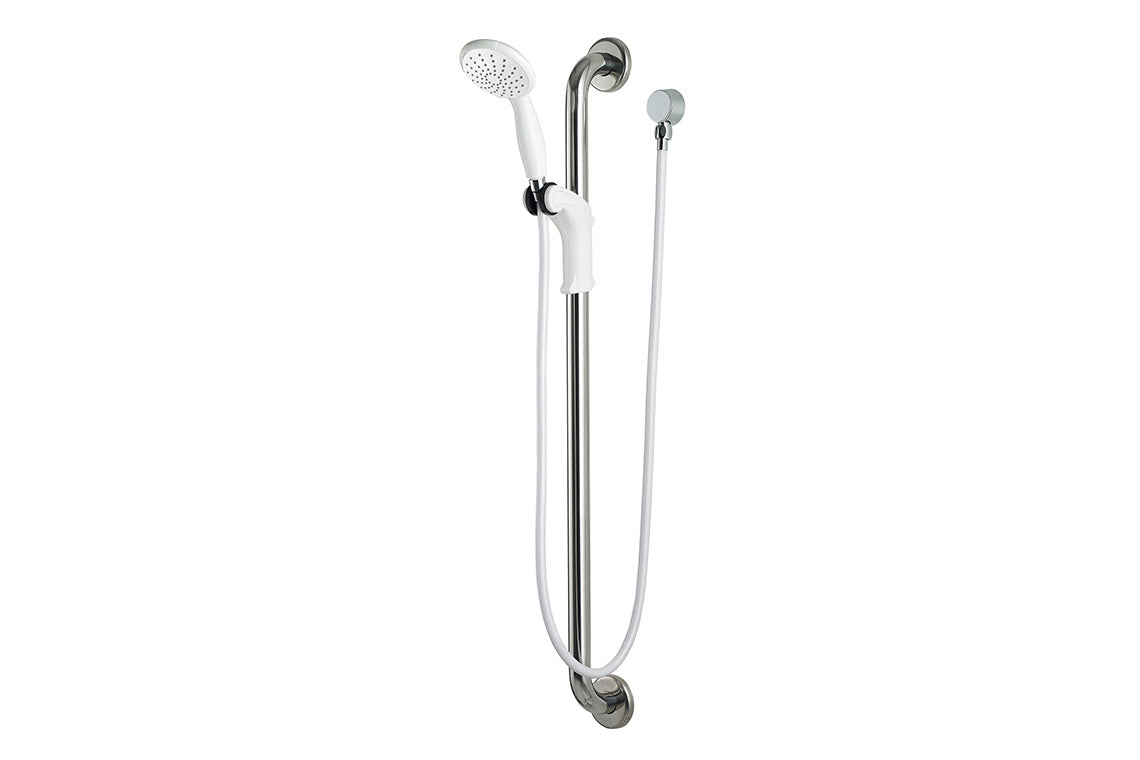 White Hand Held Shower and Hose with 900mm Stainless Steel Grab Rail