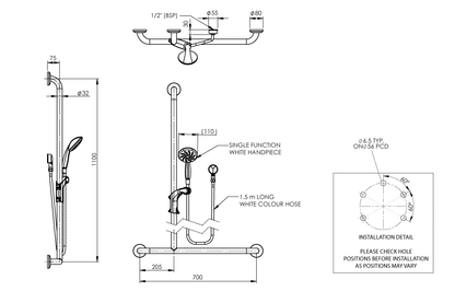 Left Hand T-Grab Rail, Elbow & Adjustable Shower Head Holder