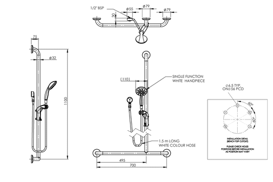 Hand Held Shower - White & Hose - Right Hand Inverted T Stainless Steel Grab Rail