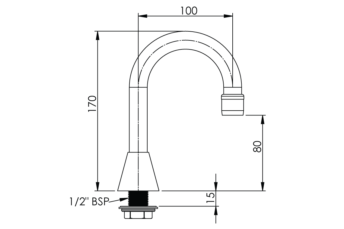 Hob Mounted: Curved Basin Spout - Fixed Outlet - 100mm