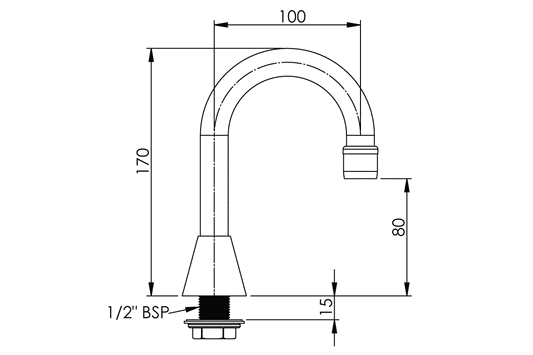 Hob Mounted: Curved Basin Spout - Fixed Outlet - 100mm