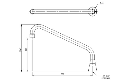 Hob Mounted Standard Sink Spout - Swivel Outlet 300mm