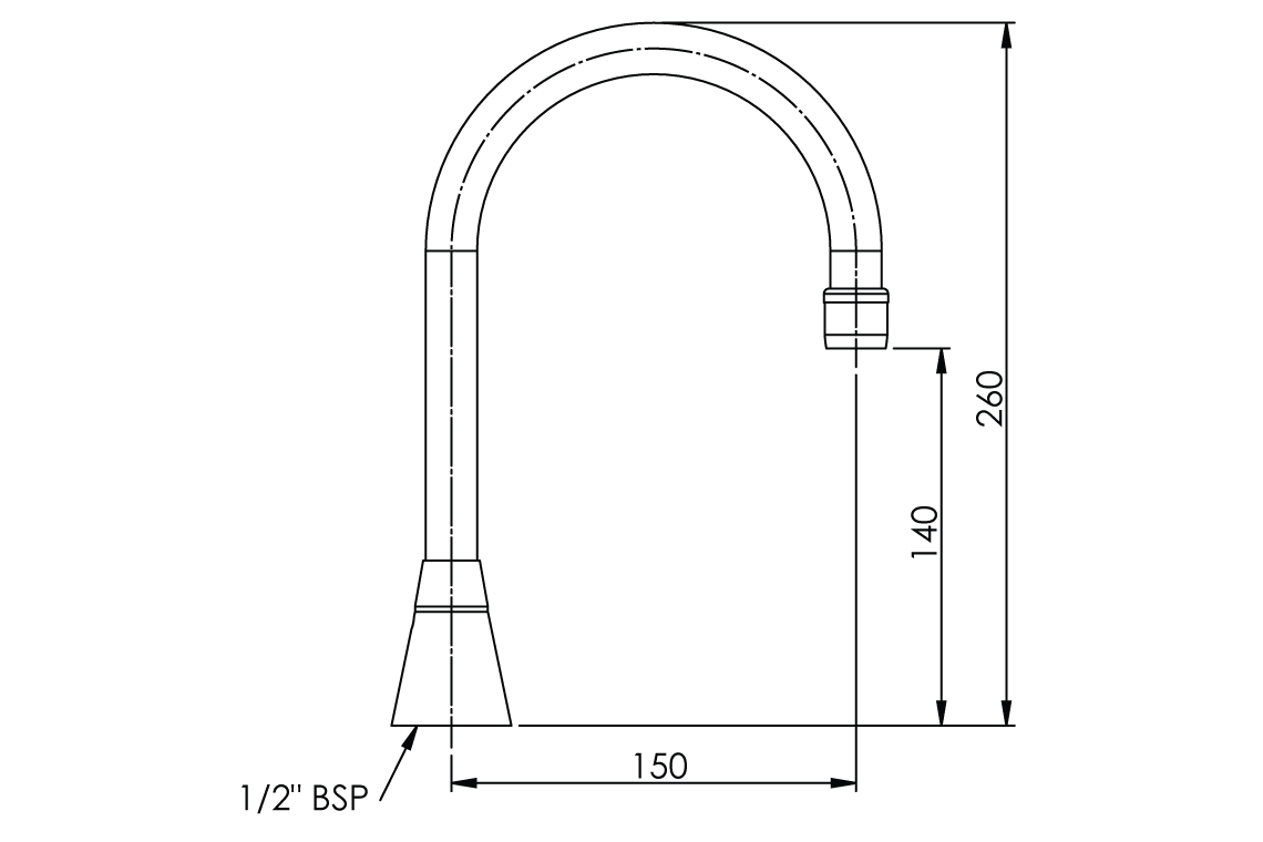 Hob Mounted Curved Sink Spout - Swivel Outlet 150mm