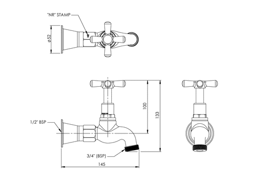 Key Operated Hose Tap FI Extended with Non-Return Valve and Key Handle - Jumper Valve