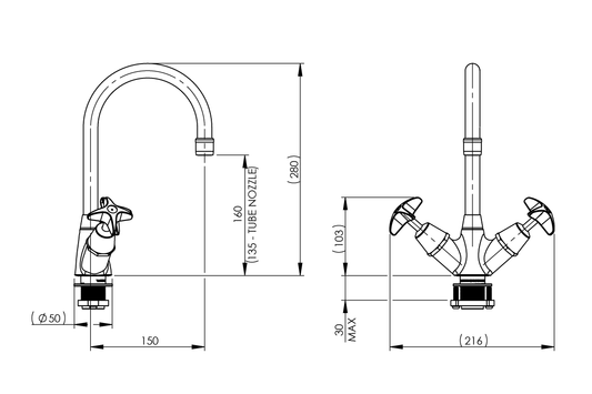 School Pattern Dual Mixer with SP020 Curved Swivel Spout - Jumper Valve