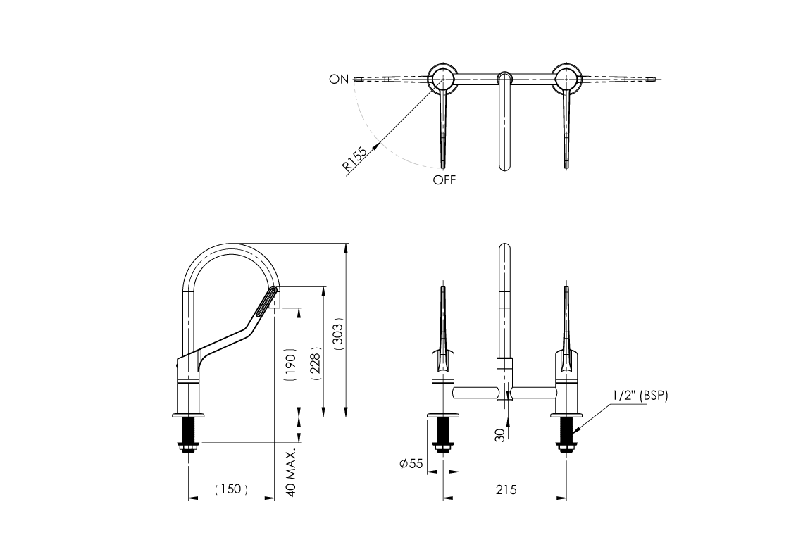 Wellbeing Leva 150mm Type 50 Hob Mounted Exposed - Mixing Set