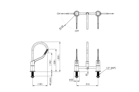 Wellbeing Leva 150mm Type 50 Hob Mounted Exposed - Mixing Set