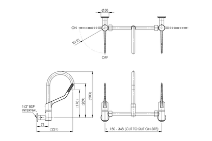 Wellbeing Leva 150mm Type 51 Wall Mounted Mixing Set with Curved Sink Spout & Isolation Valves