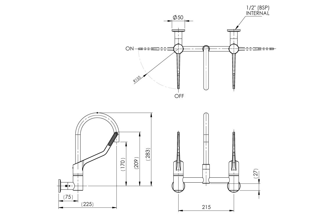 Wellbeing Leva 150mm Type 51 Wall Mounted Mixing Set with Curved Sink Spout & Isolation Valves