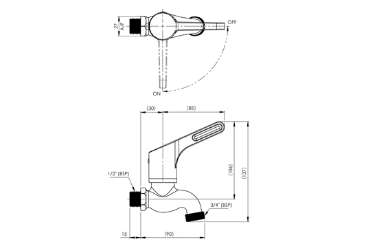 WB Leva Hose Cock 80mm lever 1/2"BSPMI x 3/4"BSPMI outlet.