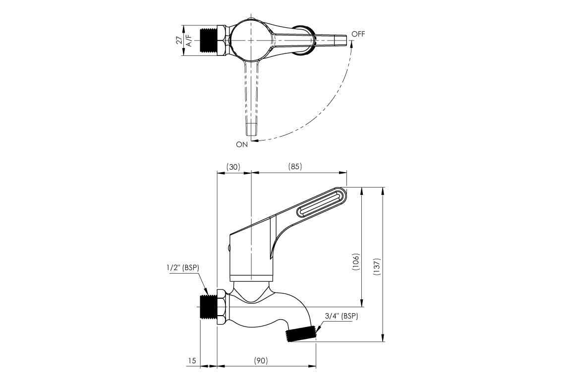 Wellbeing Leva Hose Cock 80mm lever 1/2" BSP MI x 3/4" BSP MI Outlet