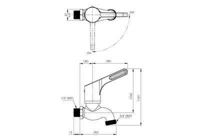 Wellbeing Leva Hose Cock 80mm lever 1/2" BSP MI x 3/4" BSP MI Outlet