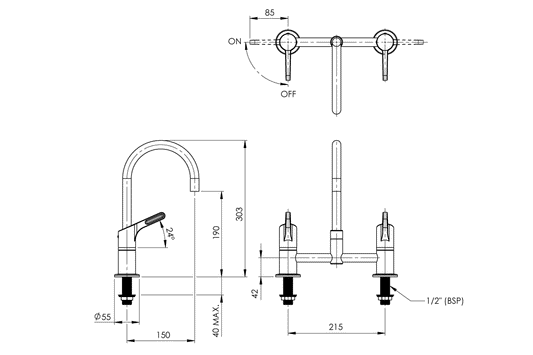 Wellbeing Leva 80mm Type 50 Hob Mounted Exposed Mixing Set with Curved Sink Spout
