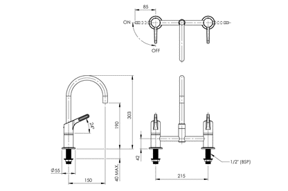 Wellbeing Leva 80mm Type 50 Hob Mounted Exposed Mixing Set with Curved Sink Spout