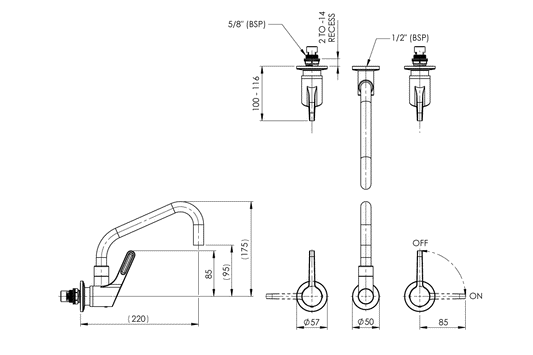 Wellbeing Leva 80mm Recess Wall Set with 220mm Wall Swivel Spout