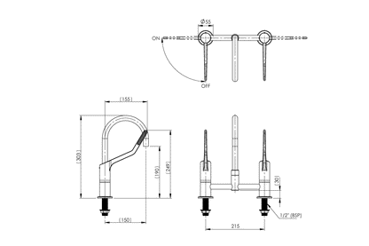 Wellbeing Leva 150mm Type 50 Hob Mounted Exposed - Mixing Set - Jumper Valve