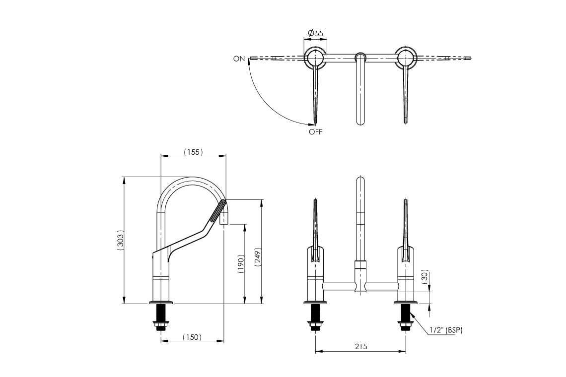 Wellbeing Leva 150mm Type 50 Hob Mounted Exposed - Mixing Set - Jumper Valve