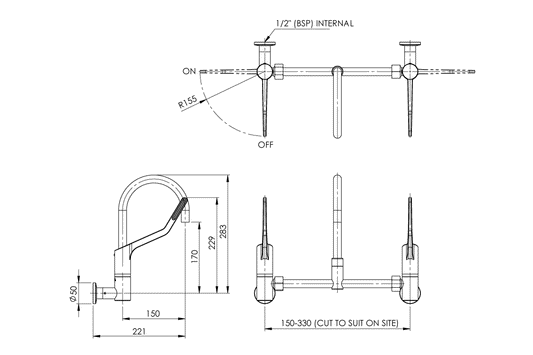 Wellbeing Leva 150mm Type 51 Wall Mounted Exposed - Adjustable Mixing Set - Jumper Valve - Curved Sink Spout