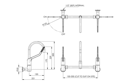 Wellbeing Leva 150mm Type 51 Wall Mounted Exposed - Adjustable Mixing Set - Jumper Valve - Curved Sink Spout