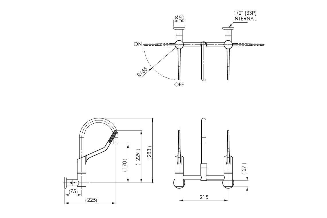Wellbeing Leva 150mm Type 51 Wall Mounted Exposed Mixing Set - Jumper Valve