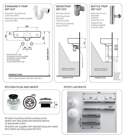 Rectangular Wash Basin 450mm - 1 x Left Hand Taphole 1 x Overflow